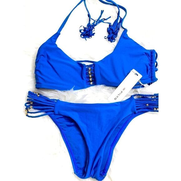 New. Pilyq bright blue braided bikini set. - Picture 2 of 12